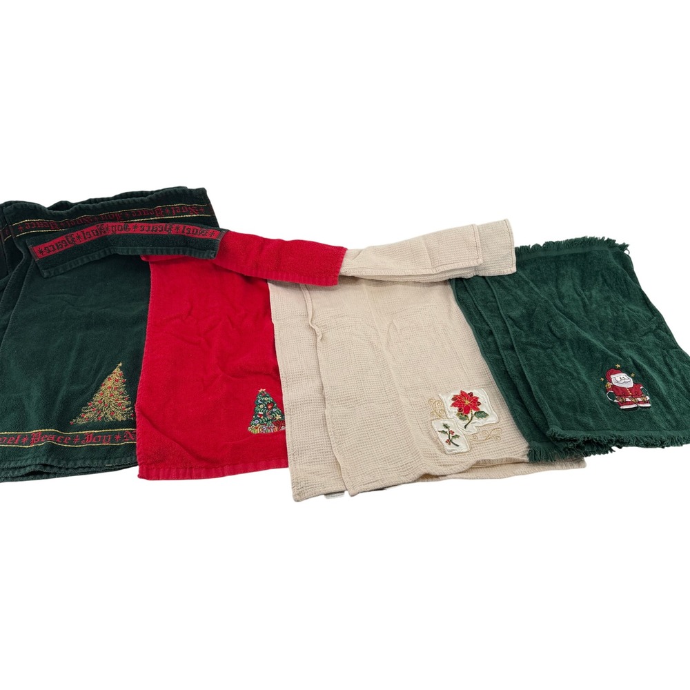 Vintage Christmas Towels Lot 9 Embroidered Trees Santa Poinsettia Holiday Decor - Picture 4 of 13